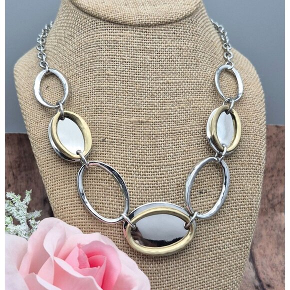 NWT Chico's Two Tone Silver & Gold Collar Bib Necklace Oval Pendants 20" - Picture 2 of 9